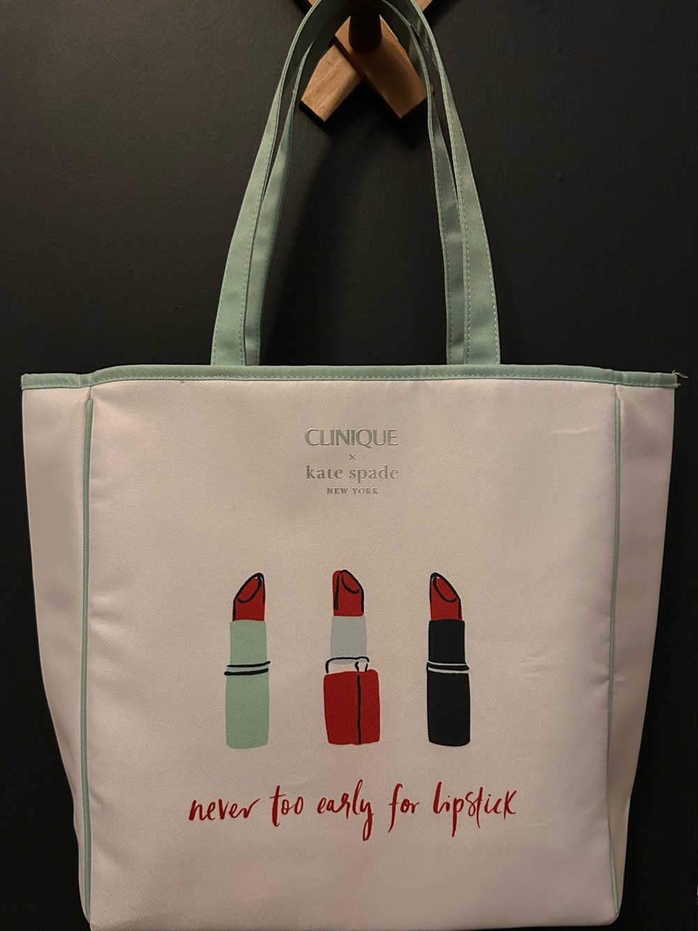 kate spade Cream Tote with Mint Trim and Red Lipstick Graphic